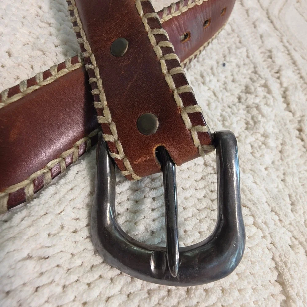 VTG Billy Belts California Leather Belt Brown Whipstitch Western Mens Size 30